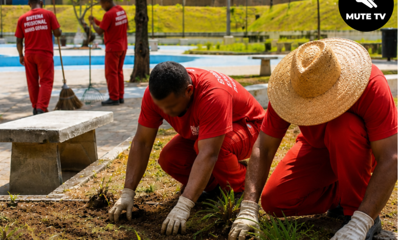 Trabalho de Detentos: Projeto sobre trabalho de detentos em atividades públicas recebe veto em Santa Luzia 1 Trabalhadores realizando serviços de manutenção urbana em espaço público